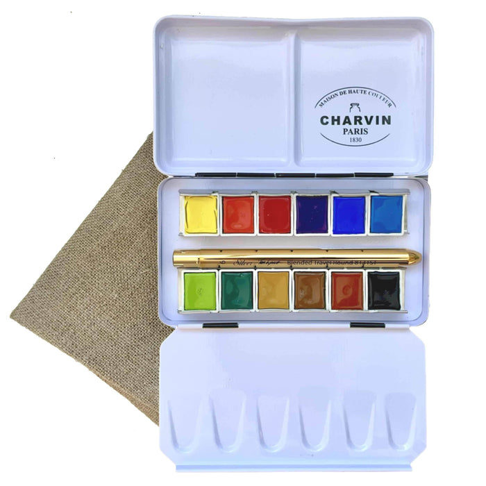 Charvin Watercolour Metal Pan Set 12 + Travel Brush