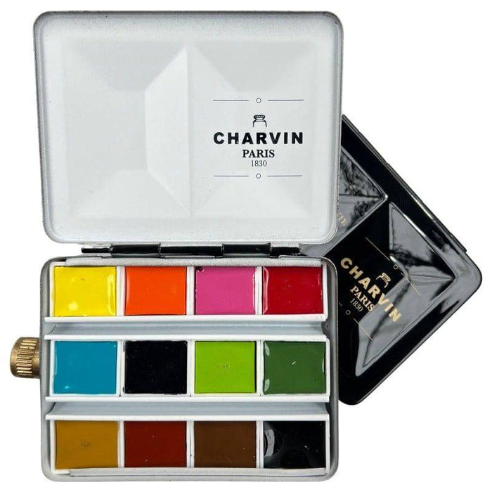 Mini Black Charvin Watercolour Metal Pan Set 12 + Water Box + Linen Pouch