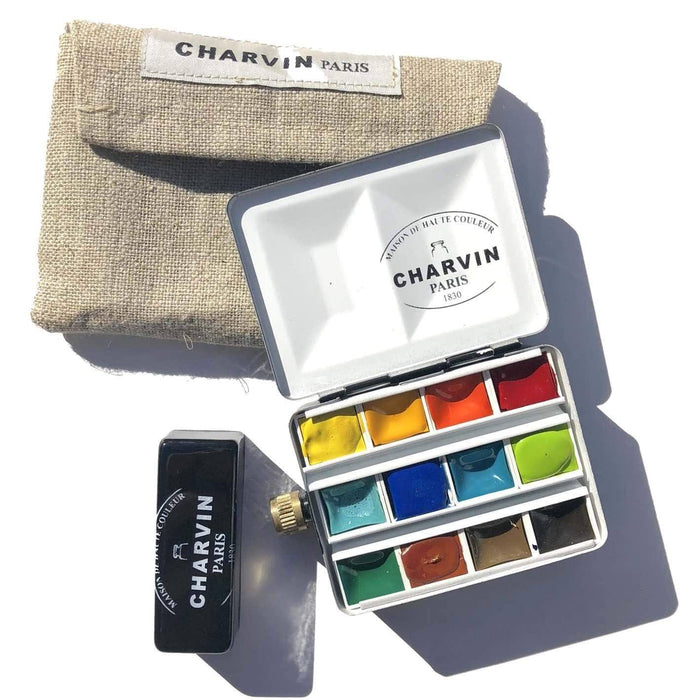 Mini Black Charvin Watercolour Metal Pan Set 12 + Water Box + Linen Pouch